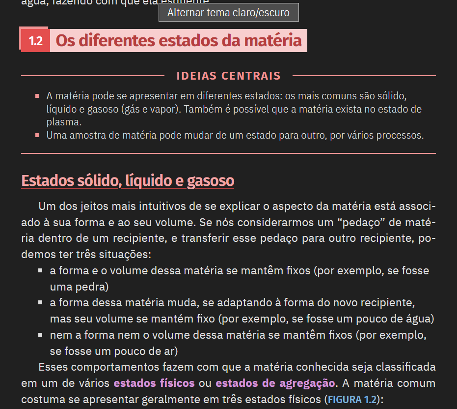 Print da versão alpha do livro em HTML, com texto cinza claro e fundo cinza escuro.