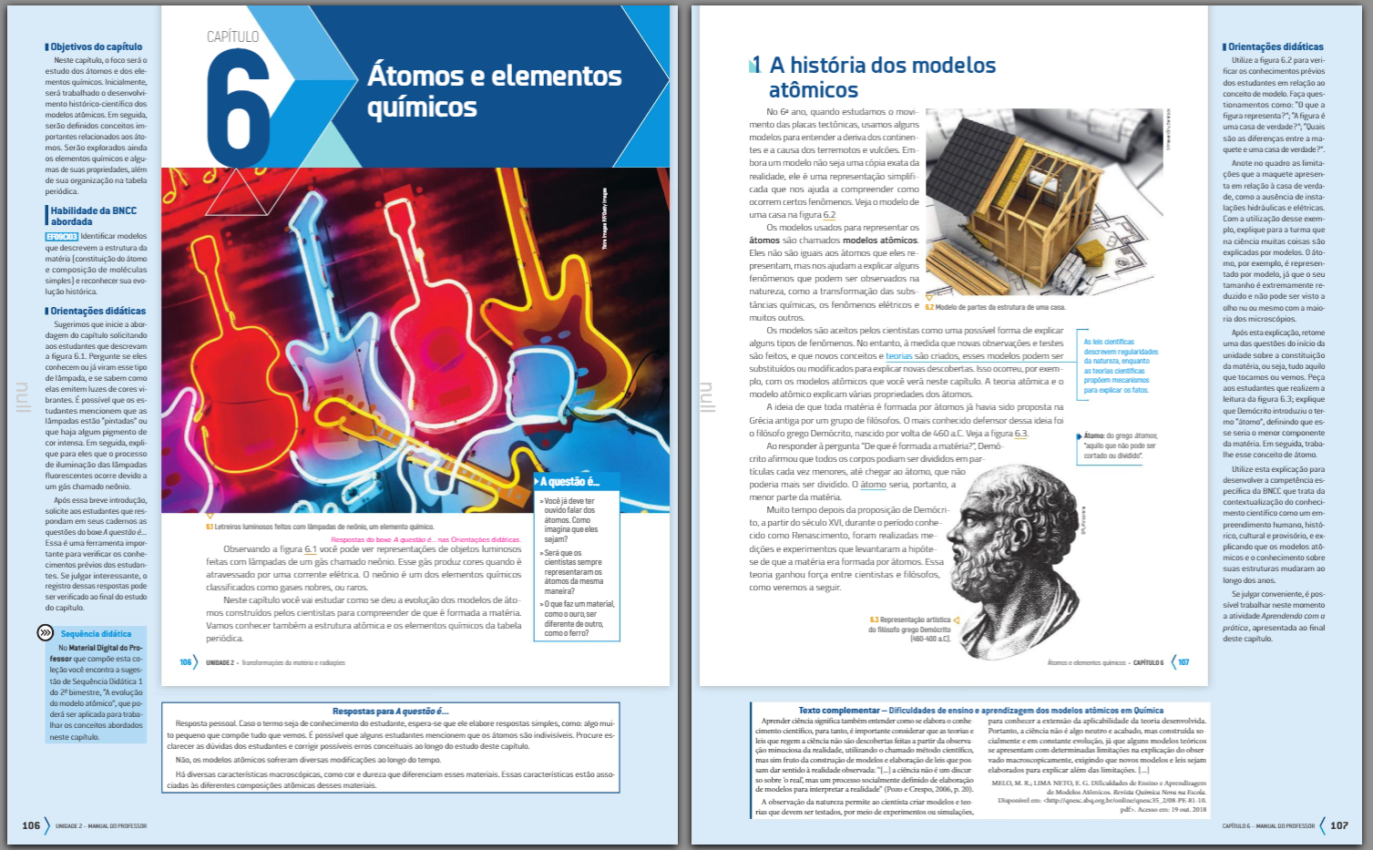 Dupla de páginas de um manual do professor. Cada página tem uma reprodução menor do livro do aluno, grudada no eixo central, deixando um espaço ao redor, em formato de "U", com as orientações ao professor.