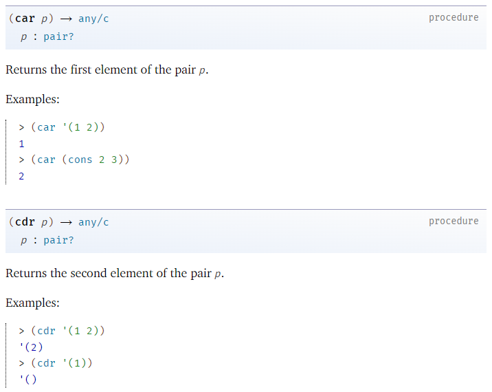 Documentação do Racket mostrando o que são as funções "car" e "cdr".